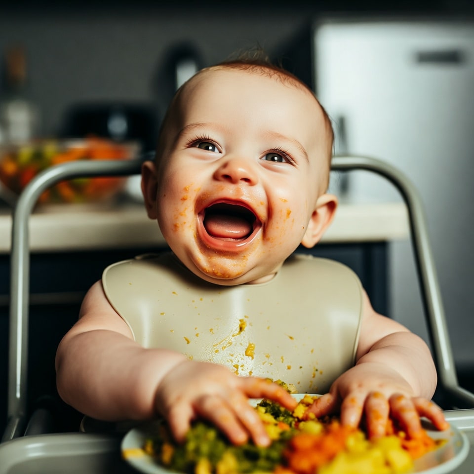 Baby eating solids in high chair
